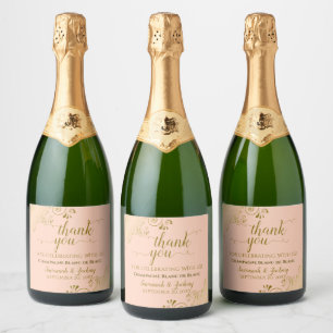 Etiquetas Para Vinos Espumosos Elegante Boda de Coral Peach de Oro Gracias