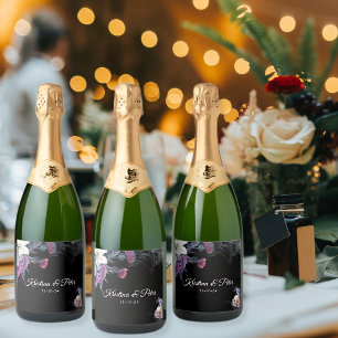 Etiquetas Para Vinos Espumosos Elegante Boda de cráneo floral gótico morado negro