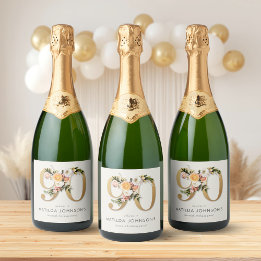 Etiquetas Para Vinos Espumosos Elegante Boho Floral Hoja de Oro Cumpleaños 90