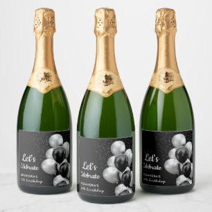 Etiquetas Para Vinos Espumosos Elegante Cumpleaños Chic Globo Gris Negro
