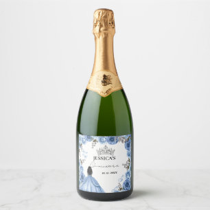 Etiquetas Para Vinos Espumosos Elegante Dusty Blue Watercolor Floral Quinceañera