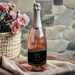 Etiquetas Para Vinos Espumosos Elegante Fiesta de Cumpleaños 75 con Ágata Negra y