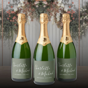 Etiquetas Para Vinos Espumosos Elegante firma de letra Olive Green Boda