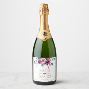 Etiquetas Para Vinos Espumosos Elegante oro de boda y flores borgoñosas