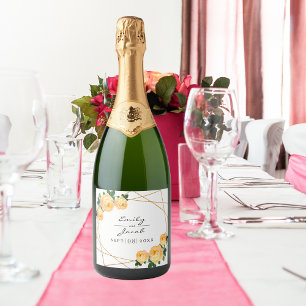 Etiquetas Para Vinos Espumosos Elegante Purpurina de oro Geo Naranja Boda Floral