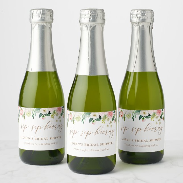 Etiquetas Para Vinos Espumosos Elegante Rubor Watercolor Floral Sip Sip Hooray Ch (Botellas)