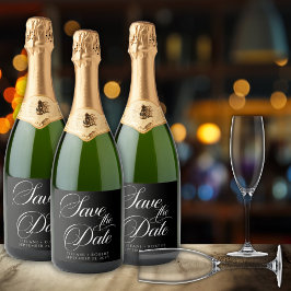 Etiquetas Para Vinos Espumosos Elegante Save the Date Blanco Negro Script