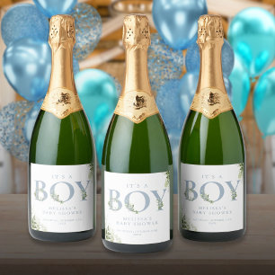 Etiquetas Para Vinos Espumosos Es un niño Dusty Blue Greenery Carta Baby Shower
