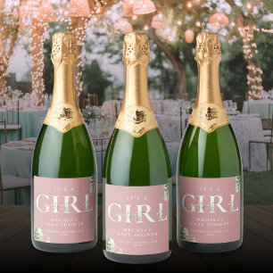 Etiquetas Para Vinos Espumosos Es una niña Vegetación Rosa Polvo Rosa Baby Shower