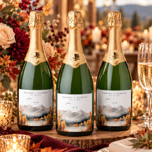 Etiquetas Para Vinos Espumosos Escena de Montaña Otoñal Rústica Boda Acuarela