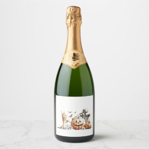 Etiquetas Para Vinos Espumosos Esqueleto con calabaza y bebida. Halloween.