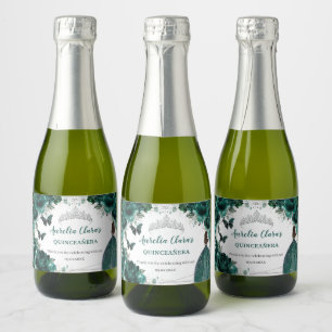 Etiquetas Para Vinos Espumosos Favor de cumpleaños Silver Emerald Floral Quinceañ