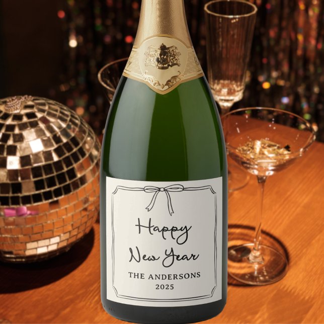 Etiquetas Para Vinos Espumosos ¡Feliz Año Nuevo! Bow blanco y negro personalizado (Subido por el creador)