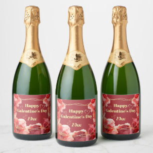 Etiquetas Para Vinos Espumosos Feliz día de Galentines  Floral Carmesí Dorado 