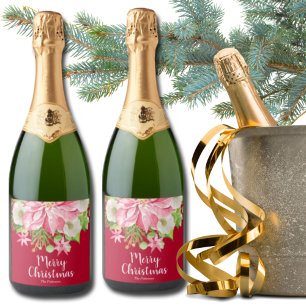 Etiquetas Para Vinos Espumosos Feliz Navidad Floral Poinsettia Festividad Roja
