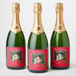 Etiquetas Para Vinos Espumosos Feliz Navidad Holly Sprig - Foto Personalizado -
