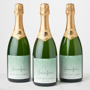 Etiquetas Para Vinos Espumosos Fiesta de cumpleaños 21 con destello verde