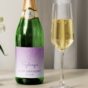 Etiquetas Para Vinos Espumosos Fiesta de cumpleaños 21 con destellos de purpura b