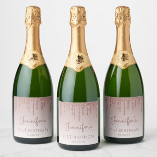 Etiquetas Para Vinos Espumosos Fiesta de cumpleaños 21 Glitter Girly Rose Gold