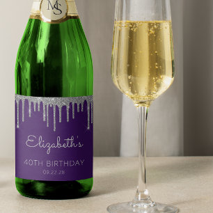 Etiquetas Para Vinos Espumosos Fiesta de cumpleaños 40 con brillo plateado púrpur