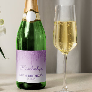 Etiquetas Para Vinos Espumosos Fiesta de cumpleaños 60 con destellos de purpura b