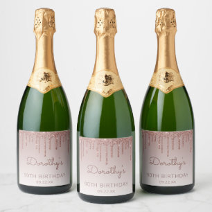 Etiquetas Para Vinos Espumosos Fiesta de cumpleaños 90 Chic Rosa Dorado Brillo Go