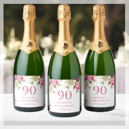 Etiquetas Para Vinos Espumosos Fiesta de cumpleaños 90 de Pink Floral