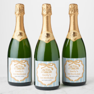 Etiquetas Para Vinos Espumosos Fiesta de Cumpleaños Sunshine Blue Gingham