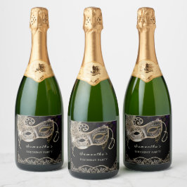 Etiquetas Para Vinos Espumosos Fiesta de Mascarada Personalizada de Oro Negro y P