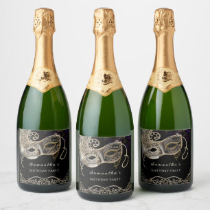 Etiquetas Para Vinos Espumosos Fiesta de Mascarada Personalizada de Oro Negro y P