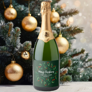 Etiquetas Para Vinos Espumosos Fiesta de Navidad Verde Personalizada con Bayas de