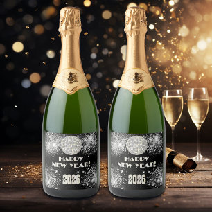 Etiquetas Para Vinos Espumosos Fiesta de Nochevieja 2026 Black Silver Glitter