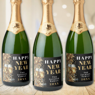 Etiquetas Para Vinos Espumosos Fiesta de Nochevieja con Champán Dorado