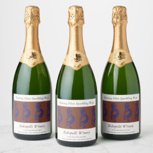 Etiquetas Para Vinos Espumosos Flauta Jugando a la figura de Kokopelli - Azul sob