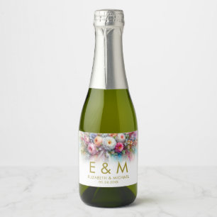 Etiquetas Para Vinos Espumosos Flores de Acuarela Monograma Dorado Salva la Fecha