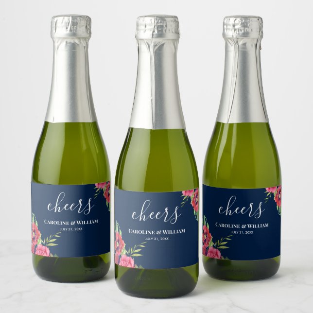 Etiquetas Para Vinos Espumosos Flores rojas y rosas bodas azul de la Marina Oscur (Botellas)
