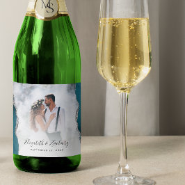 Etiquetas Para Vinos Espumosos Foto de boda Ágata Teal Plata