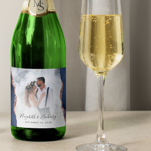 Etiquetas Para Vinos Espumosos Foto de boda azul marino rosa dorado ágata