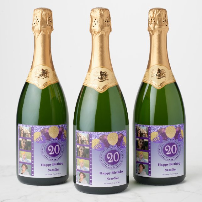Etiquetas Para Vinos Espumosos Fotos, 20 cumpleaños Purpurina púrpura Champagne (Botellas)