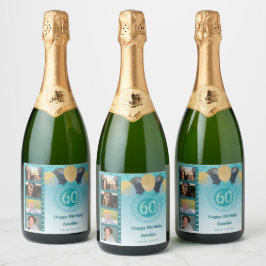 Etiquetas Para Vinos Espumosos Fotos, 60 cumpleaños Purpurina azul Verde azulado 