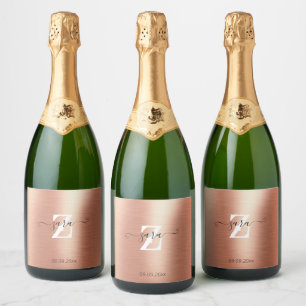 Etiquetas Para Vinos Espumosos Frasco con guión de monograma Rosa personalizado