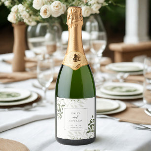 Etiquetas Para Vinos Espumosos Frasco de vino Boda floral blanco y verde sabio