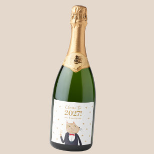 Etiquetas Para Vinos Espumosos Gato Brinda por el Año Nuevo 2027 Personalizado