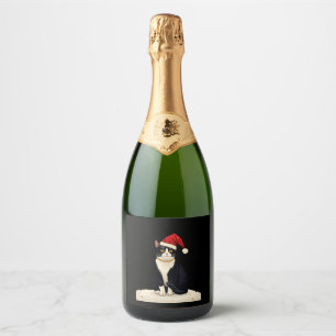 Etiquetas Para Vinos Espumosos Gato de Tuxedo Cottagecore Divertido Navideño Esté