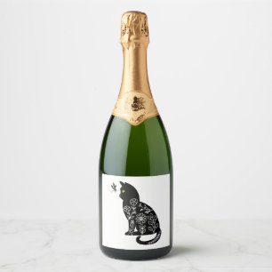 Etiquetas Para Vinos Espumosos Gato negro con ojos verdes