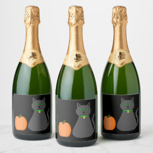 Etiquetas Para Vinos Espumosos Gato y calabaza de Halloween