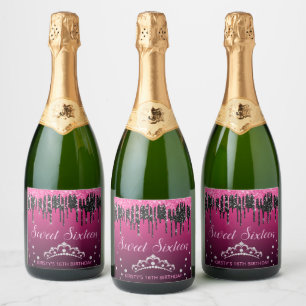 Etiquetas Para Vinos Espumosos Glamuroso negro y rosa goteo de purpurina Sweet 16