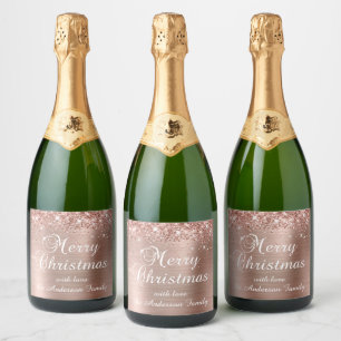 Etiquetas Para Vinos Espumosos Glittery Rosa Dorado Merry Christmas