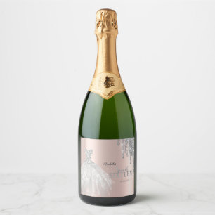 Etiquetas Para Vinos Espumosos Gotitas de brillo plateado, vestido rosa dorado Sw