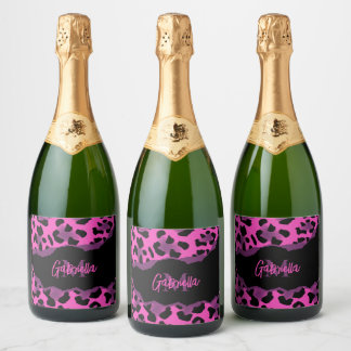 Etiquetas Para Vinos Espumosos Impresión de leopardo rosa y púrpura